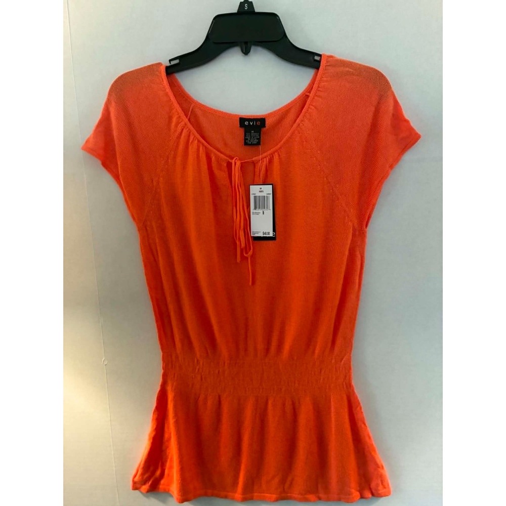 Evie Womens Medium Orange Knit Peplum Top Tie Neck Short Sleeve NWT‎
